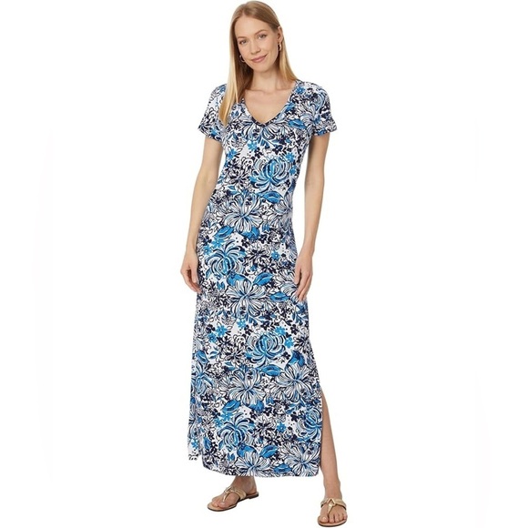 Lilly Pulitzer Dresses & Skirts - New Lilly Pulitzer Blue Floral Maxi Dress Pima Cotton Short Sleeve Size S